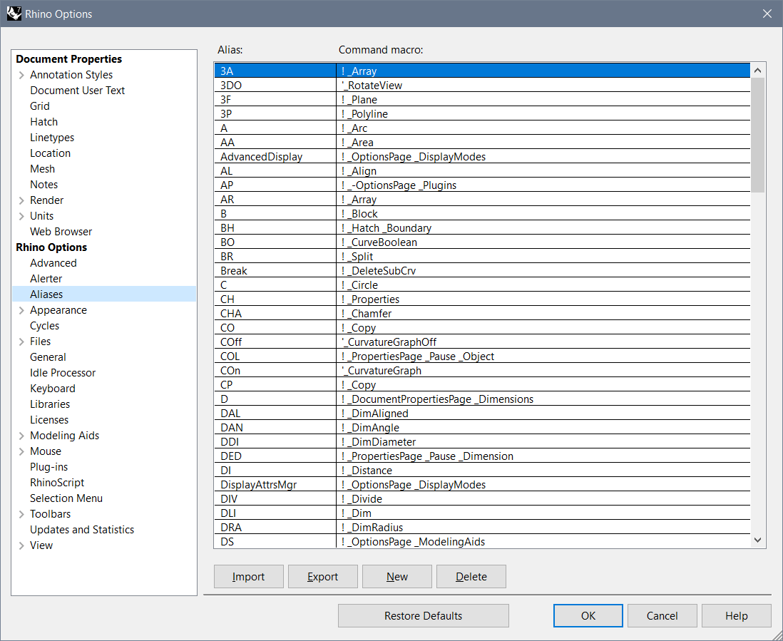 Aliases Import Window